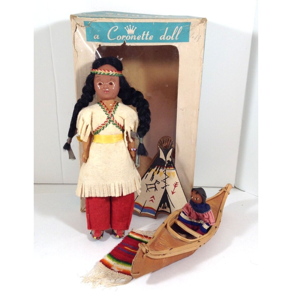 Vtg Native American Doll w/ Papoose & Canoe Clothed Sleep Eyes Norma Originals
